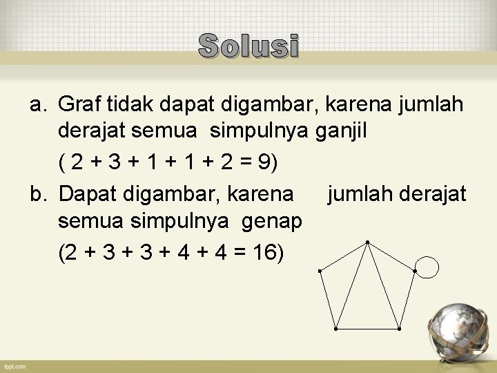 Solusi a. Graf tidak dapat digambar, karena jumlah derajat semua simpulnya ganjil ( 2