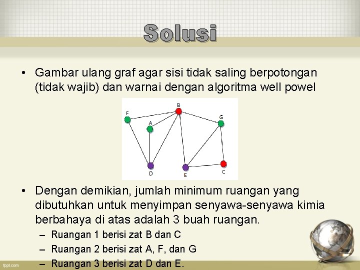 Solusi • Gambar ulang graf agar sisi tidak saling berpotongan (tidak wajib) dan warnai