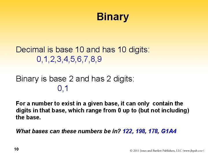 Binary Decimal is base 10 and has 10 digits: 0, 1, 2, 3, 4,