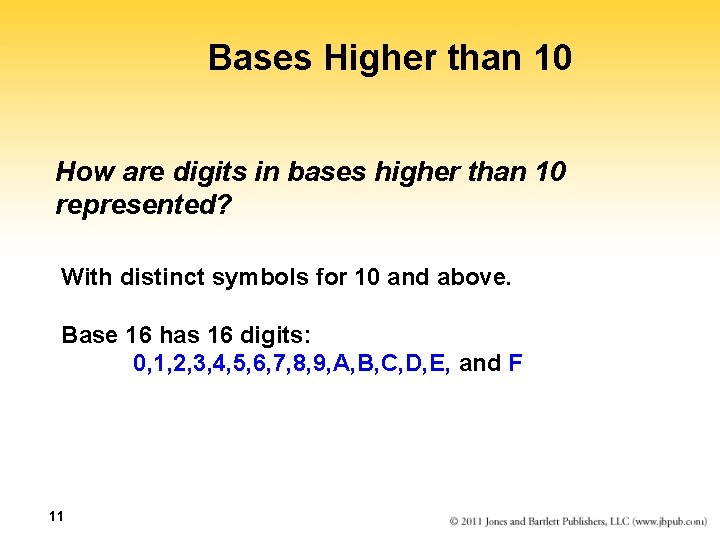 Bases Higher than 10 How are digits in bases higher than 10 represented? With