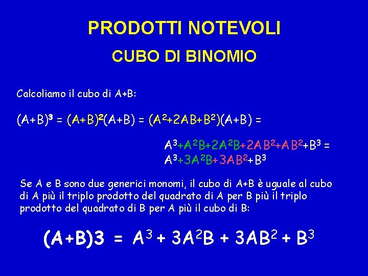 PRODOTTI NOTEVOLI CUBO DI BINOMIO Calcoliamo il cubo di A+B: (A+B)3 = (A+B)2(A+B) =