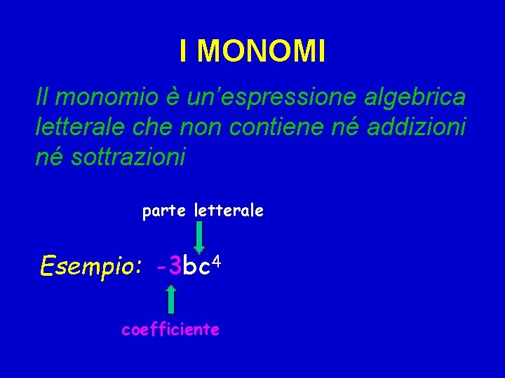 I MONOMI Il monomio è un’espressione algebrica letterale che non contiene né addizioni né