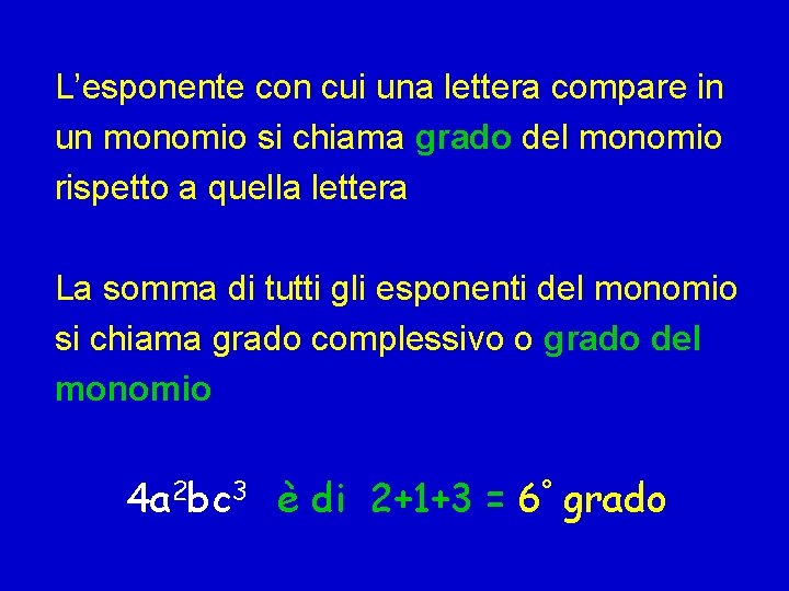 L’esponente con cui una lettera compare in un monomio si chiama grado del monomio