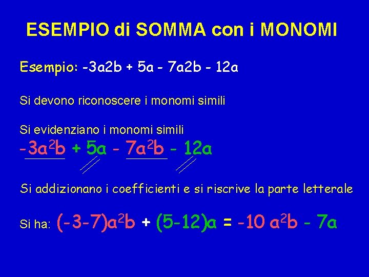 ESEMPIO di SOMMA con i MONOMI Esempio: -3 a 2 b + 5 a
