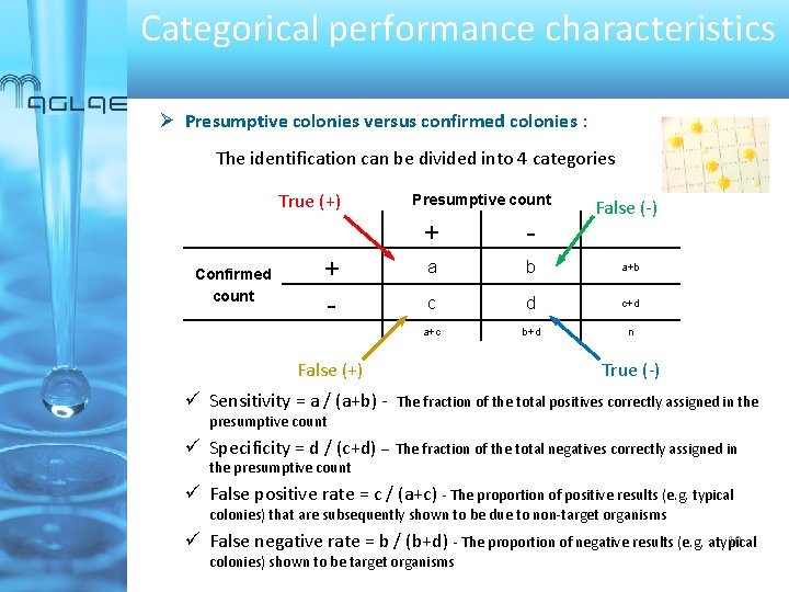 Categorical performance characteristics Presumptive colonies versus confirmed colonies : The identification can be divided