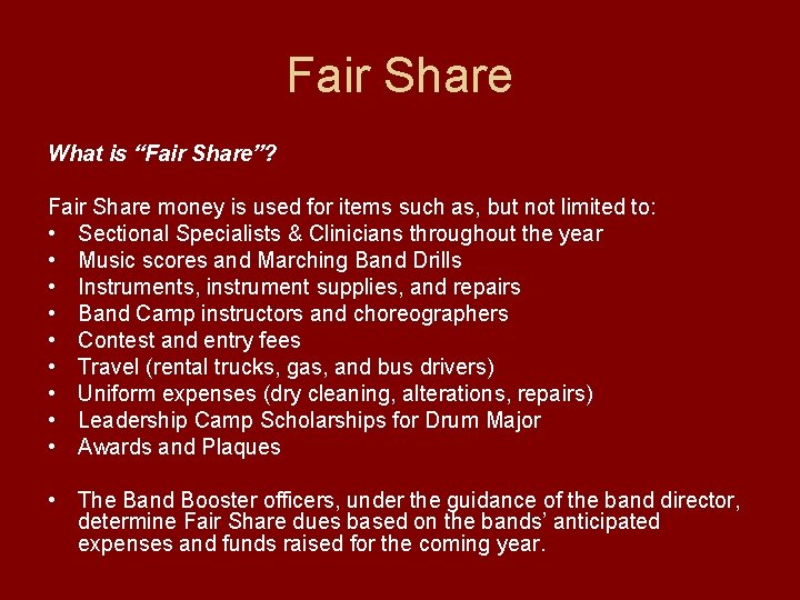 Fair Share What is “Fair Share”? Fair Share money is used for items such Fair Share What is “Fair Share”? Fair Share money is used for items such