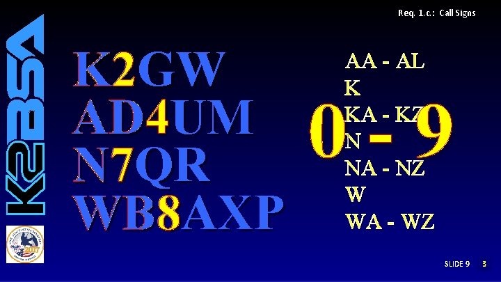 Req. 1. c. : Call Signs K 2 GW AD 4 UM 4 UM