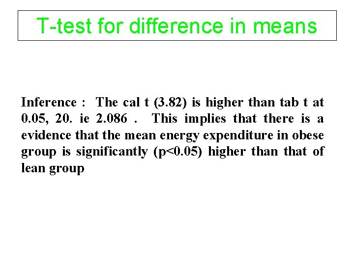T-test for difference in means Inference : The cal t (3. 82) is higher T-test for difference in means Inference : The cal t (3. 82) is higher