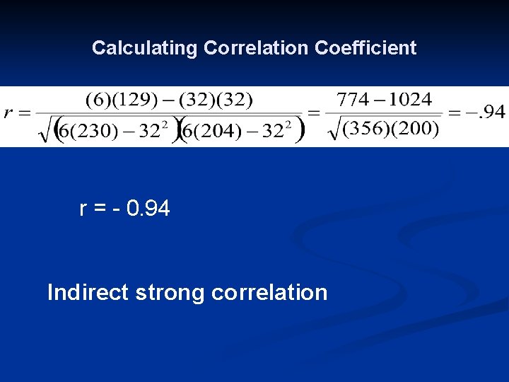 Calculating Correlation Coefficient r = - 0. 94 Indirect strong correlation Calculating Correlation Coefficient r = - 0. 94 Indirect strong correlation