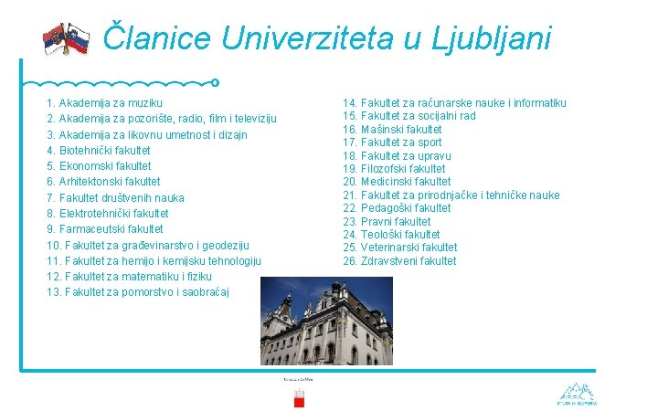 Članice Univerziteta u Ljubljani 1. Akademija za muziku 2. Akademija za pozorište, radio, film