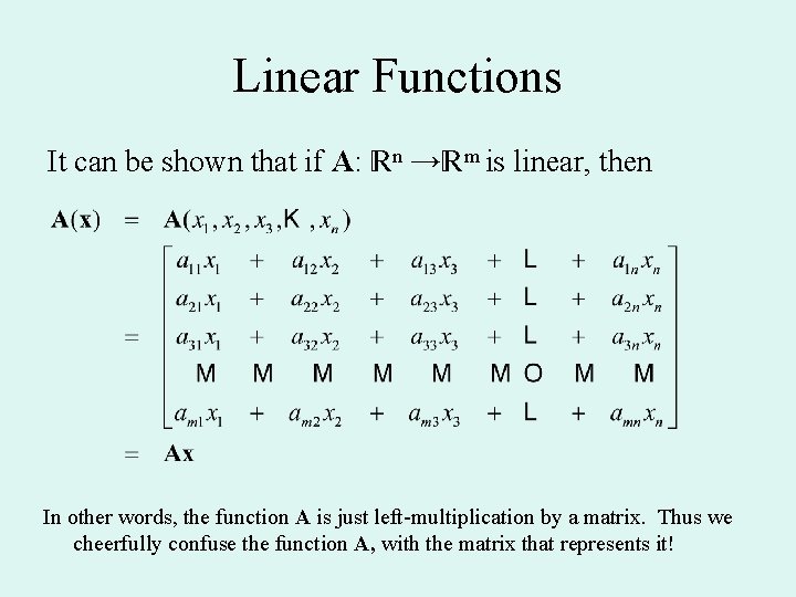 Linear Functions It can be shown that if A: n → m is linear, Linear Functions It can be shown that if A: n → m is linear,