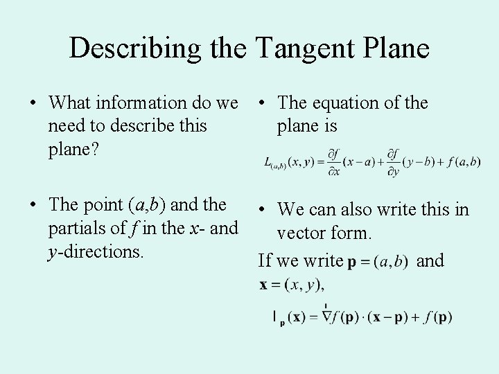 Describing the Tangent Plane • What information do we need to describe this plane? Describing the Tangent Plane • What information do we need to describe this plane?