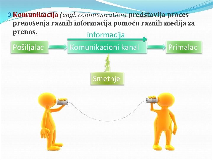 0 Komunikacija (engl. communication) predstavlja proces prenošenja raznih informacija pomoću raznih medija za prenos.