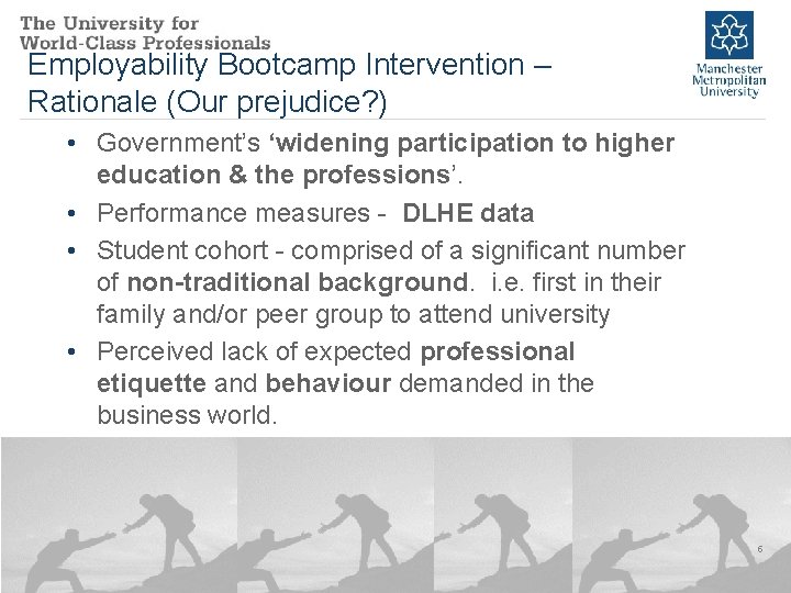 Employability Bootcamp Intervention – Rationale (Our prejudice? ) • Government’s ‘widening participation to higher