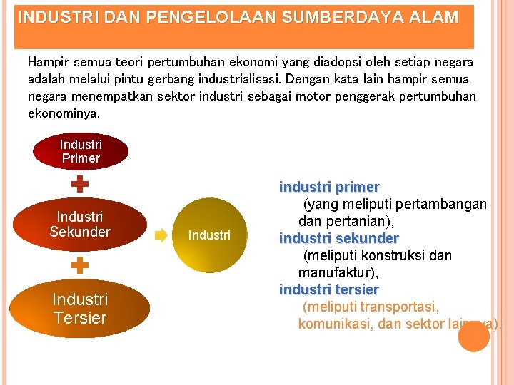 INDUSTRI DAN PENGELOLAAN SUMBERDAYA ALAM Hampir semua teori pertumbuhan ekonomi yang diadopsi oleh setiap