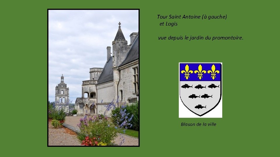 Tour Saint Antoine (à gauche) et Logis vue depuis le jardin du promontoire. Blason