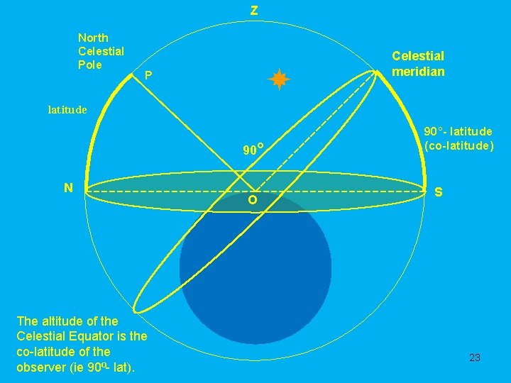 Z North Celestial Pole Celestial meridian P latitude 90° N The altitude of the