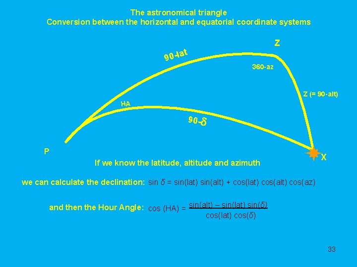 The astronomical triangle Conversion between the horizontal and equatorial coordinate systems Z t a