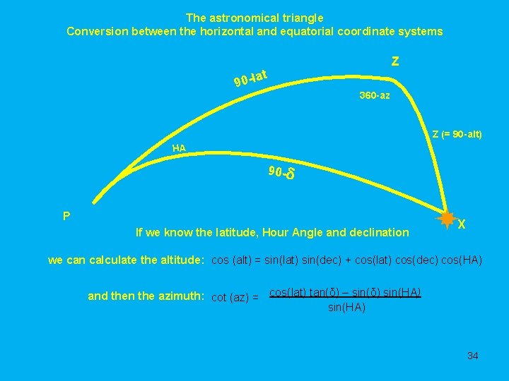 The astronomical triangle Conversion between the horizontal and equatorial coordinate systems Z t a