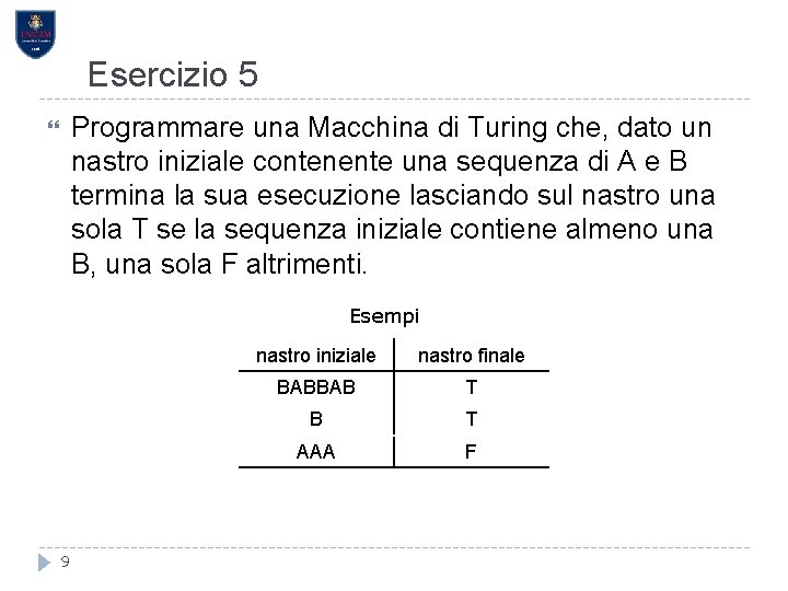Esercizio 5 Programmare una Macchina di Turing che, dato un nastro iniziale contenente una