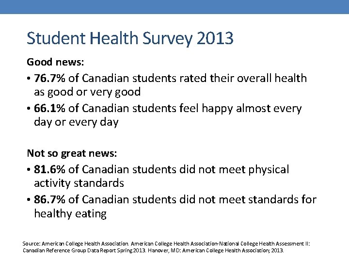 Student Health Survey 2013 Good news: • 76. 7% of Canadian students rated their