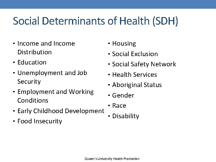 Social Determinants of Health (SDH) • Income and Income Distribution • Education • Unemployment