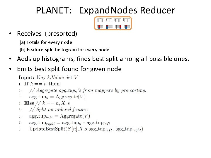 PLANET: Expand. Nodes Reducer • Receives (presorted) (a) Totals for every node (b) Feature-split