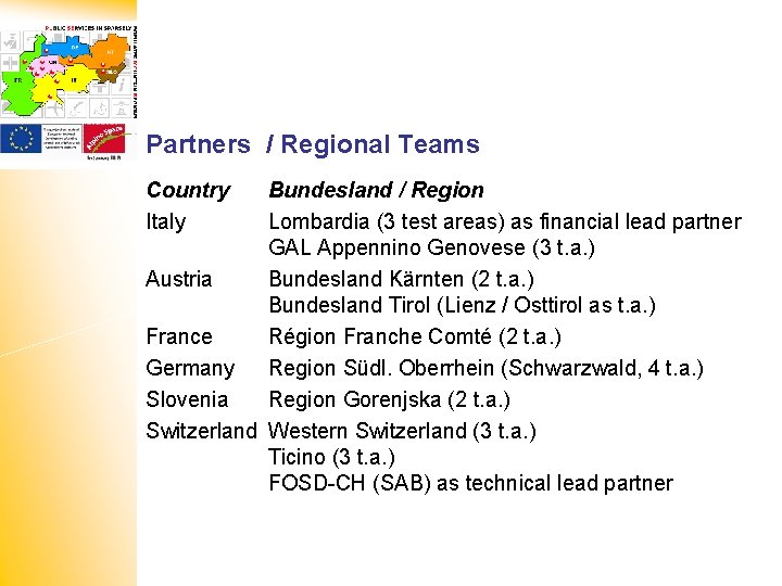 Partners / Regional Teams Country Italy Bundesland / Region Lombardia (3 test areas) as