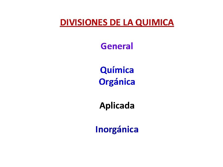 DIVISIONES DE LA QUIMICA General Química Orgánica Aplicada Inorgánica 