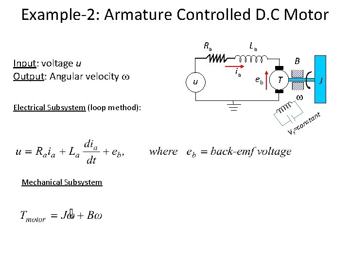 Example-2: Armature Controlled D. C Motor Ra Input: voltage u Output: Angular velocity u