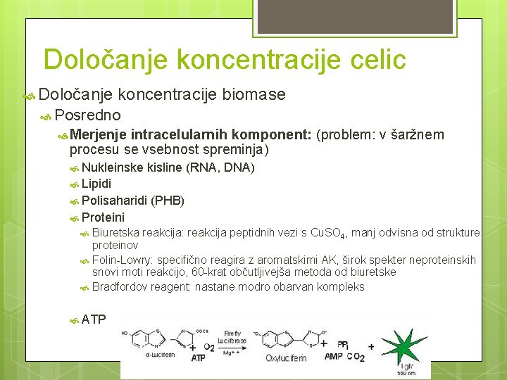 Določanje koncentracije celic Določanje koncentracije biomase Posredno Merjenje intracelularnih komponent: (problem: v šaržnem procesu