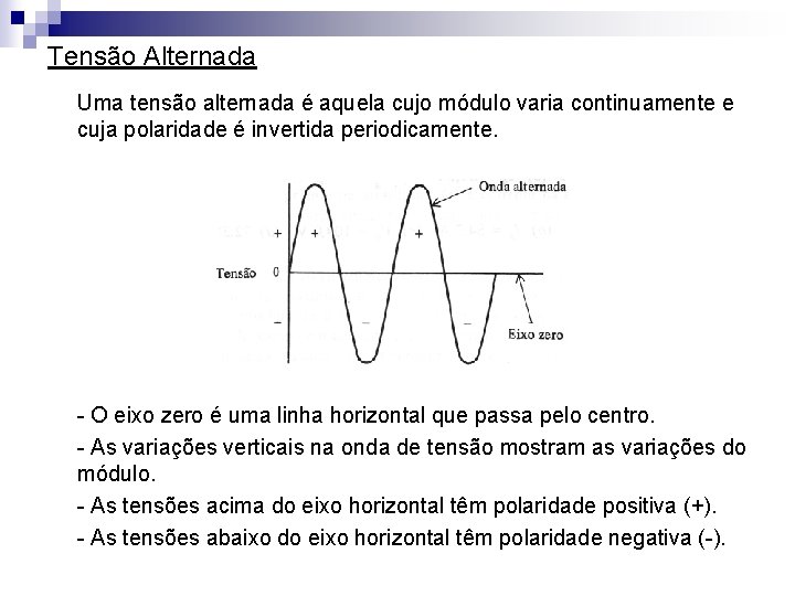 Tensão Alternada Uma tensão alternada é aquela cujo módulo varia continuamente e cuja polaridade