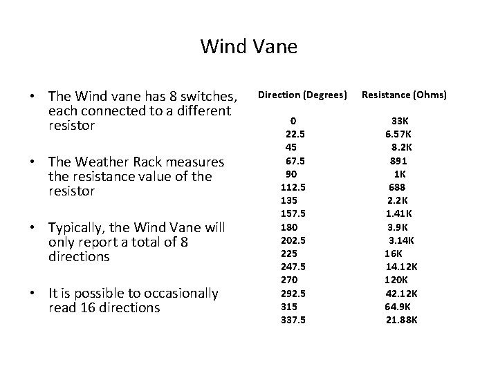 Wind Vane • The Wind vane has 8 switches, each connected to a different