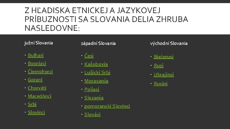 Z HĽADISKA ETNICKEJ A JAZYKOVEJ PRÍBUZNOSTI SA SLOVANIA DELIA ZHRUBA NASLEDOVNE: južní Slovania západní