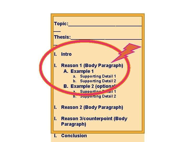 Topic: ______________ ___ Thesis: ______________ ___ I. Intro I. Reason 1 (Body Paragraph) A.