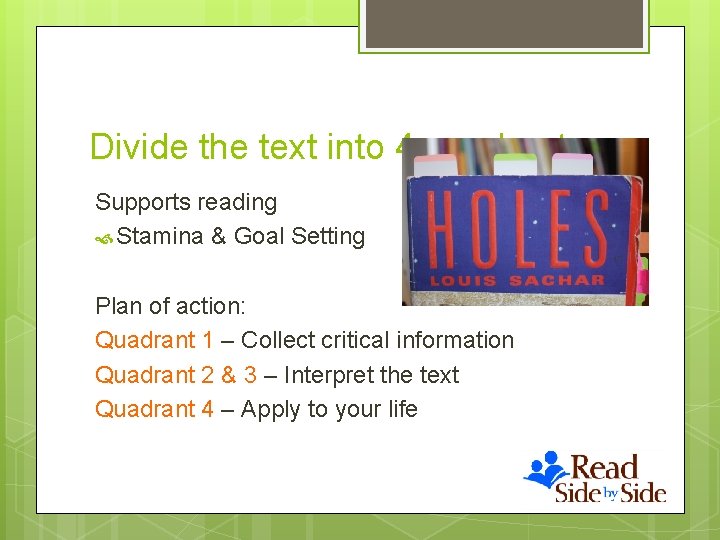 Divide the text into 4 quadrants Supports reading Stamina & Goal Setting Plan of