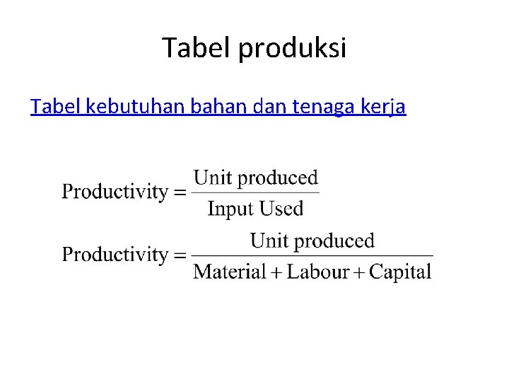 Tabel produksi Tabel kebutuhan bahan dan tenaga kerja 