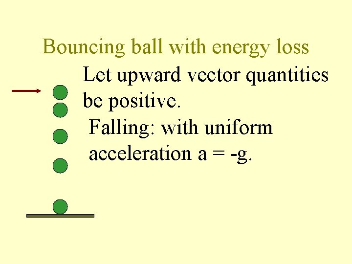 Bouncing ball with energy loss Let upward vector quantities be positive. Falling: with uniform