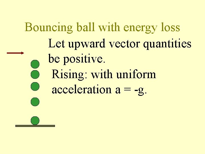 Bouncing ball with energy loss Let upward vector quantities be positive. Rising: with uniform