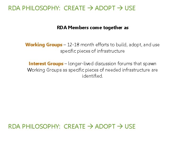 RDA PHILOSOPHY: CREATE ADOPT USE RDA Members come together as Working Groups – 12