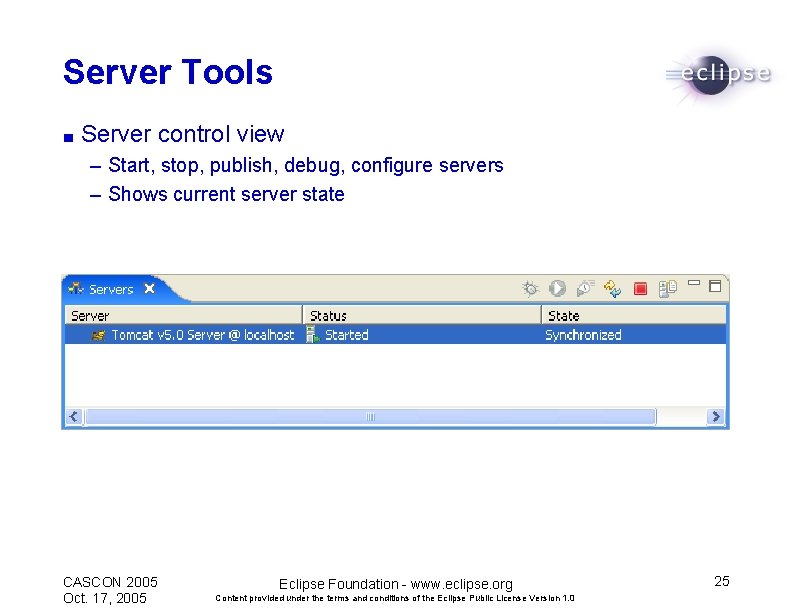 Server Tools ■ Server control view – Start, stop, publish, debug, configure servers –