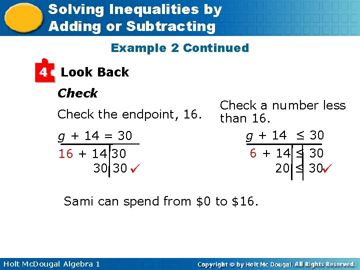 Solving Inequalities by Adding or Subtracting Example 2 Continued 4 Look Back Check the