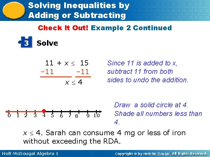 Solving Inequalities by Adding or Subtracting Check It Out! Example 2 Continued 3 Solve