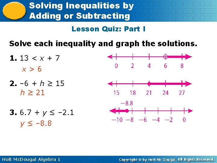 Solving Inequalities by Adding or Subtracting Lesson Quiz: Part I Solve each inequality and