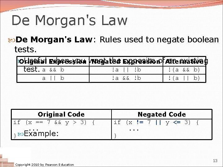 De Morgan's Law: Rules used to negate boolean tests. Useful Expression when you want