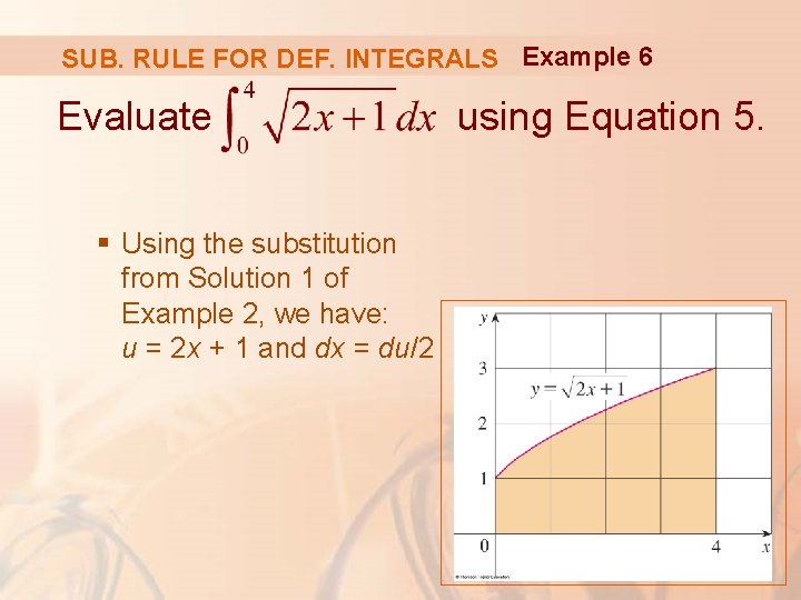 SUB. RULE FOR DEF. INTEGRALS Example 6 Evaluate § Using the substitution from Solution