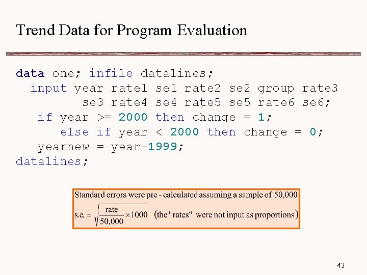 Trend Data for Program Evaluation data one; infile datalines; input year rate 1 se