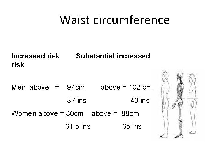 Waist circumference Increased risk Men above = Substantial increased 94 cm 37 ins Women