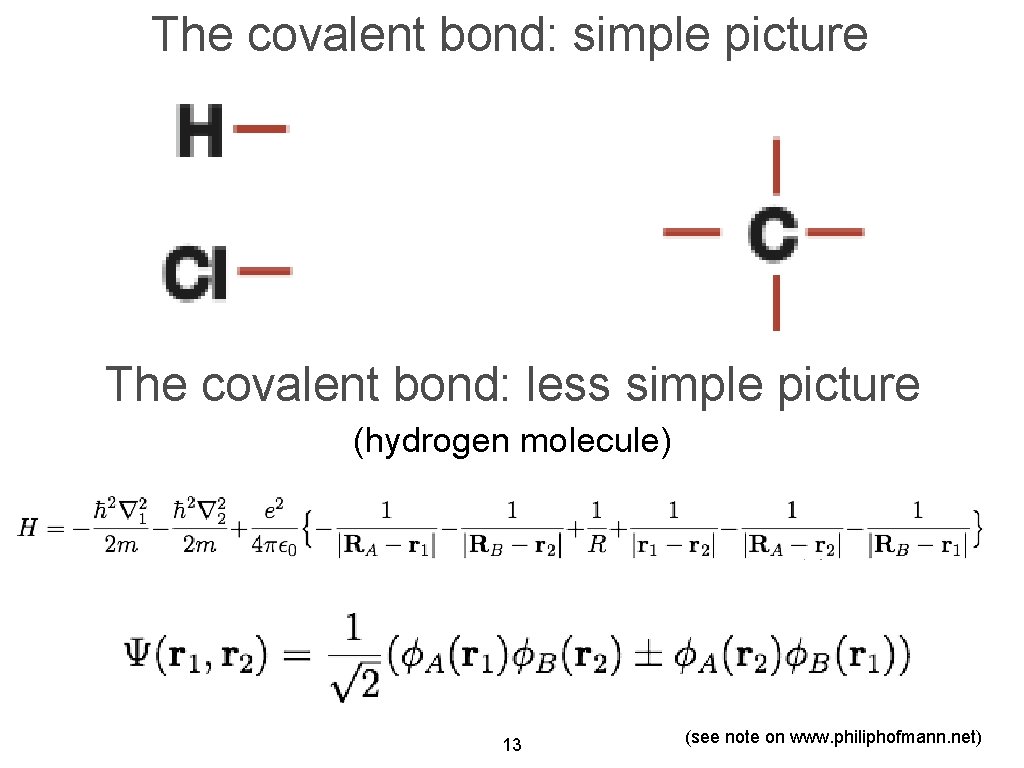 The covalent bond: simple picture The covalent bond: less simple picture (hydrogen molecule) 13