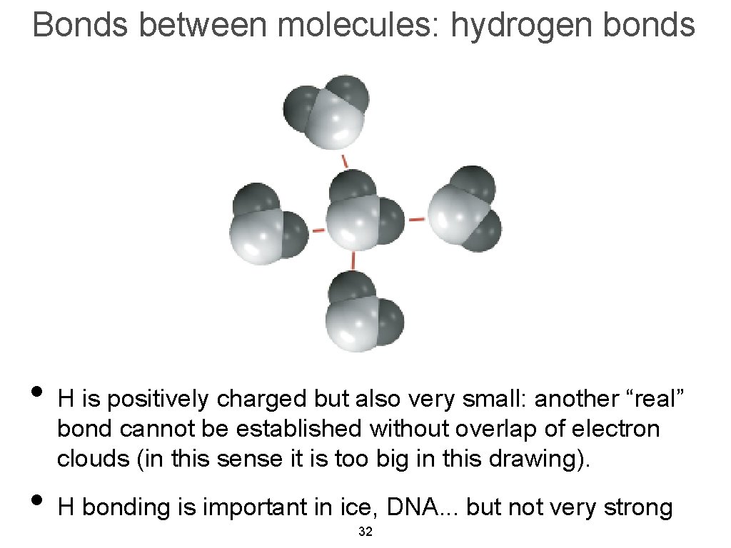 Bonds between molecules: hydrogen bonds • H is positively charged but also very small: